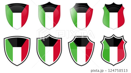 Vertical Kuwait flag in shield shape, four 3d and simple versions. 124758513
