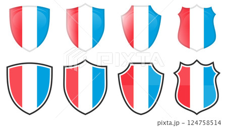 Vertical Luxembourg flag in shield shape, four 3d and simple versions. Vertical Luxembourg flag in shield shape, four 3d and simple versions. 124758514