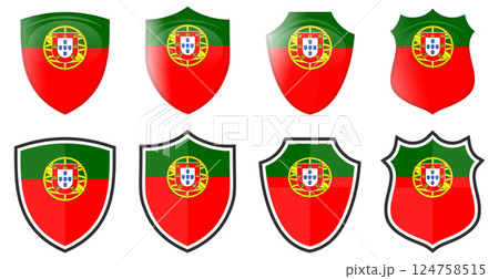 Vertical Portugal flag in shield shape, four 3d and simple versions. Portuguese icon / sign Vertical Portugal flag in shield shape, four 3d and simple versions. Portuguese icon / sign 124758515