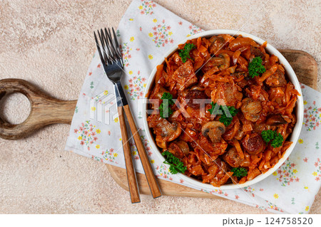 Bigos, bigus is a national Polish dish, made of cabbage and meat, stewed, homemade, no people, 124758520
