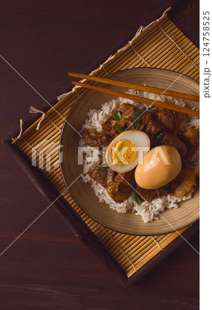 stewed eggs, with pork belly, and rice, chinese food, homemade, selective focus, rustic, no people, stewed eggs, with pork belly, and rice, chinese food, homemade, selective focus, rustic, no people, 124758525