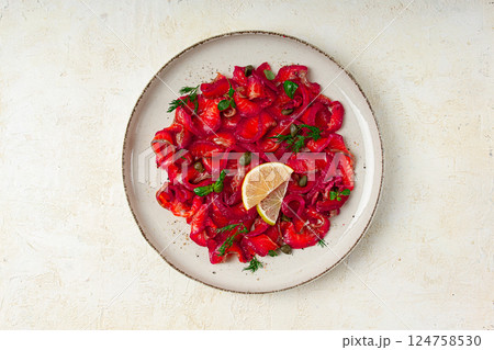 Salmon gravlax with beetroot, Scandinavian snack, beet gravlax, lightly salted fish, homemade, no people, Salmon gravlax with beetroot, Scandinavian snack, beet gravlax, lightly salted fish, homemade, no people, 124758530
