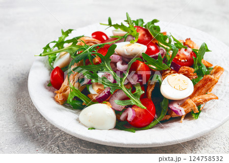 a warm salad with fried chicken fillet, arugula and cherry tomatoes, and boiled quail eggs, on a white plate, no people. 124758532