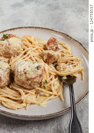 spaghetti with chicken meatballs, with cream sauce, and parmesan cheese, and decorated with microgreens, homemade, no people, spaghetti with chicken meatballs, with cream sauce, and parmesan cheese, and decorated with microgreens, homemade, no people, 124758537