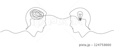 Two heads one with a confused mind the other with a lamp drawn in one continuous line. Concept of brainstorming and solving mental problems, psychotherapy. Vector editable line illustration. 124758660