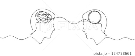 Two heads one with a tangled mind the other with an unraveling thread of thoughts drawn in one continuous line. Concept of chaos and order in thoughts, psychotherapy, mental health, problem solving 124758661