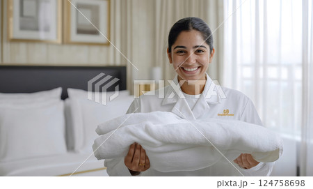 Medium shot of a happy hotel housekeeper presenting neatly folded towels in a modern, high-end suite 124758698