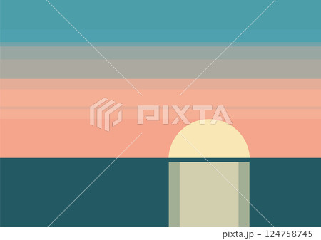 Seaside landscape travel poster illustration. Marine resort sunrise vector 2d cartoon art. Tropical summer 124758745