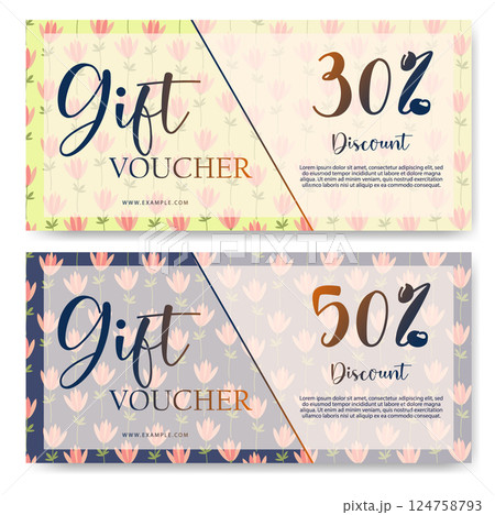 Gift certificate card. Set of gift vouchers with floral background. Happy Easter Sale 124758793