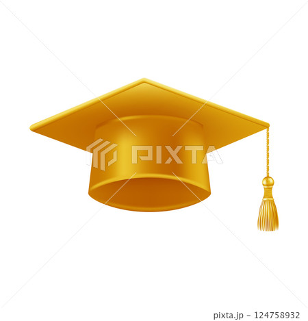 Realistic gold graduate cap. 3D Graduation Doctoral hat. 124758932