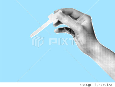 Vintage Halftone Effect Illustration of a Hand Holding a Pipette 124759128