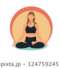 Woman faceless doing yoga exercises, practicing meditation in lotus position. International yoga day. . Vector illustration 124759245