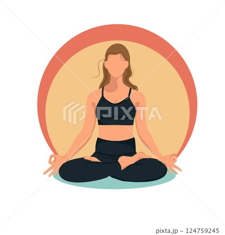 Woman faceless doing yoga exercises, practicing meditation in lotus position. International yoga day. . Vector illustration Woman faceless doing yoga exercises, practicing meditation in lotus position. International yoga day. . Vector illustration 124759245