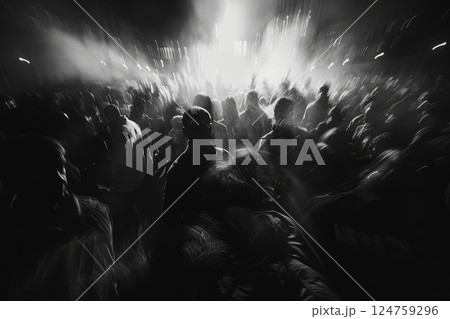 A large gathering of people in black and white fills the area, creating a lively atmosphere during a nighttime event 124759296