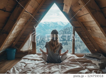 A girl sits on a bed in an A-frame cabin, practicing meditation while enjoying stunning mountain views through the large window 124759318