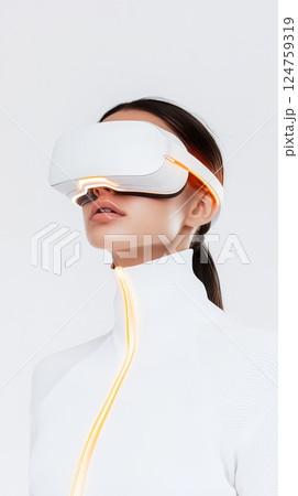 A girl engages with virtual reality technology, wearing advanced glasses in a contemporary, minimalist indoor environment 124759319