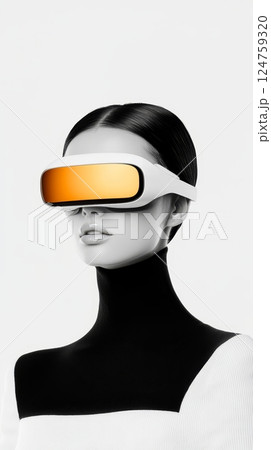 A girl engages with virtual reality, wearing sleek VR glasses that offer an immersive digital experience in a contemporary setting 124759320