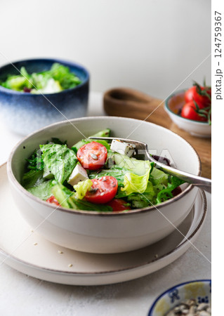 Greek salad with fresh tomatoes, cucumbers, lettuce, feta cheese and seeds. 124759367