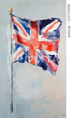 An oil painted representation of the Union Jack flag displayed front view, showcasing its vibrant colors against a subtle, muted backdrop 124759396
