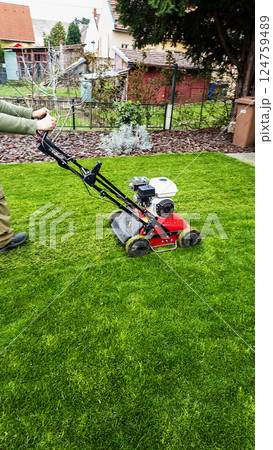 Electric lawn mower machine in garden on grass. Garden and lawn care theme. 124759489