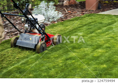 Electric lawn mower machine in garden on the grass. Garden and lawn care theme. Electric lawn mower machine in garden on the grass. Garden and lawn care theme. 124759494