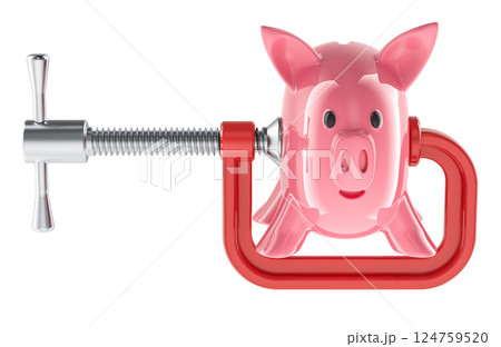 Financial crisis or recession concept. Piggy bank with squeezing C clamp. 3D rendering 124759520