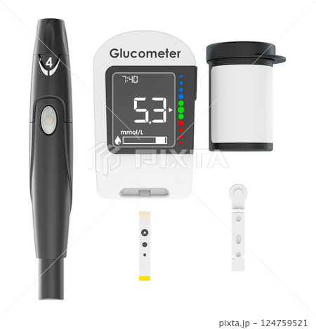 Glucometer, adjustable lancing device and glucose test strip container with disposable test strips. 3D rendering Glucometer, adjustable lancing device and glucose test strip container with disposable test strips. 3D rendering 124759521