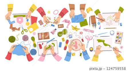 Human artist hands doing creative handwork engaged in DIY hobbies and decorative art hand-drawn set Human artist hands doing creative handwork engaged in DIY hobbies and decorative art hand-drawn set 124759558