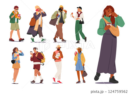 People cartoon characters eating fast food on the go having unhealthy snack isolated set on white People cartoon characters eating fast food on the go having unhealthy snack isolated set on white 124759562