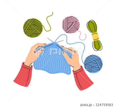 Hand-drawn hands knitting using needles Hand-drawn hands knitting using needles 124759563