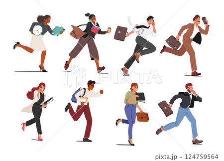 Businesspeople cartoon characters rushing running work or business meeting being late isolated set Businesspeople cartoon characters rushing running work or business meeting being late isolated set 124759564