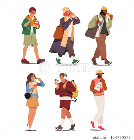 Teenage students and young people cartoon characters eating fast food on the go isolated set 124759572