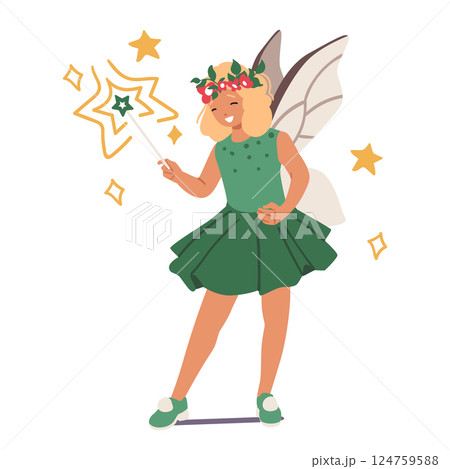 Little pretty girl forest fairy mythical princess cartoon character with magic wand playing game Little pretty girl forest fairy mythical princess cartoon character with magic wand playing game 124759588