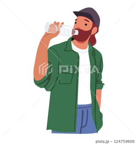 Bearded hipster guy cartoon character drinking mineral water from plastic bottle isolated on white 124759600