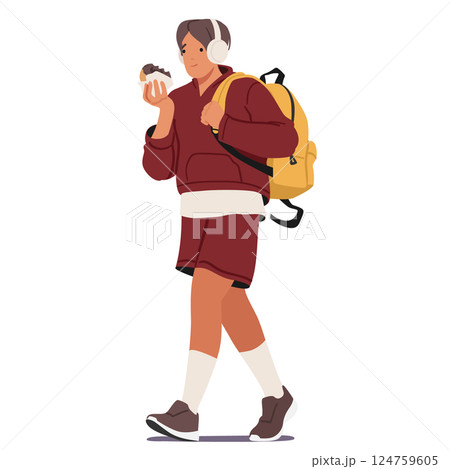 Teenage boy student cartoon character eating fast food snack on the go isolated on white background 124759605