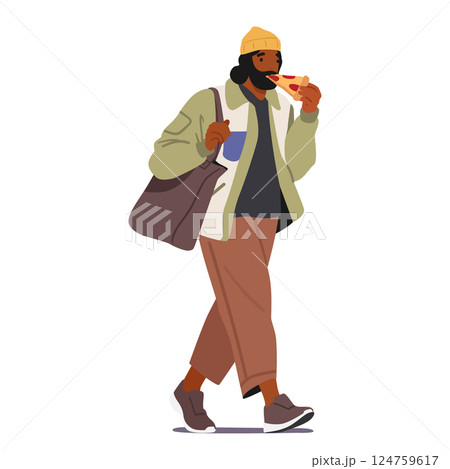 Hipster freelance guy cartoon character eating pizza slice fast food on the go isolated on white Hipster freelance guy cartoon character eating pizza slice fast food on the go isolated on white 124759617
