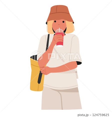 Teenage girl student cartoon character refreshing with fruit juice drinking from takeaway cup 124759625