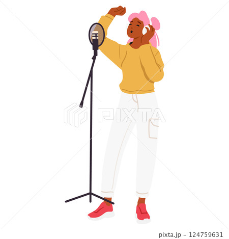 Woman vocalist cartoon character singing song standing at studio microphone isolated on white 124759631