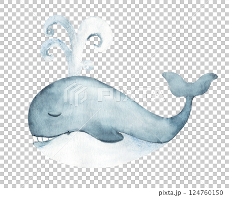 Cute smiling blue Whale with a fountain. Underwater world Watercolor Hand drawn illustration isolated on white background. Sea animal for cards, posters, children textile prints. Cute smiling blue Whale with a fountain. Underwater world Watercolor Hand drawn illustration isolated on white background. Sea animal for cards, posters, children textile prints. 124760150