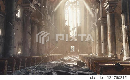 ゲームのタイトルに使われそうな光が差した廃教会 124760215