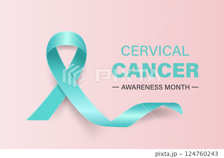 Minimalist Poster Banner with a Realistic Teal Ribbon Loop, Symbol of January Cervical Cancer Awareness Month. Women s Health, Cancer Awareness, Empowerment, Support Campaign. Vector Illustration 124760243