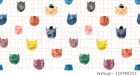 Cute hand painting watercolor cat heads seamless pattern on checkered background. Funny colorful cats faces print for kids textile design, pet shop advertisement, banners, surface, patterns, package Cute hand painting watercolor cat heads seamless pattern on checkered background. Funny colorful cats faces print for kids textile design, pet shop advertisement, banners, surface, patterns, package 124760253