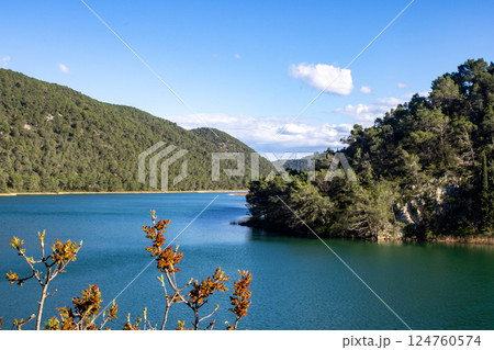 Wide view of a sunny morning on the river Krka., Croatia.Summer time concept Wide view of a sunny morning on the river Krka., Croatia.Summer time concept 124760574
