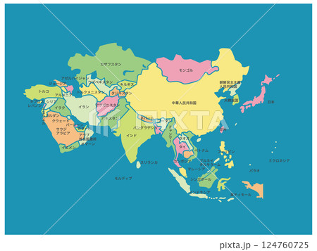アジア色分け地図_ブルー背景_国名入り アジア色分け地図_ブルー背景_国名入り 124760725