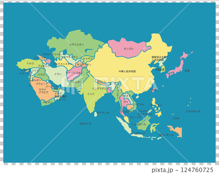 アジア色分け地図_ブルー背景_国名入り アジア色分け地図_ブルー背景_国名入り 124760725