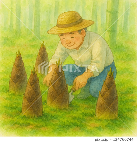 たけのこ掘りをする農家の男性の水彩風イラスト（春の味覚・山の恵み） 124760744