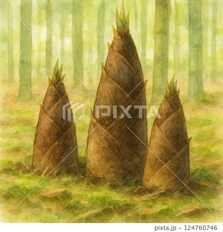 竹林に生えたたけのこの水彩風イラスト（春の旬・自然風景） 124760746