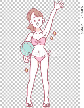 Illustration of a woman in a swimsuit holding a ball Illustration of a woman in a swimsuit holding a ball 124760975