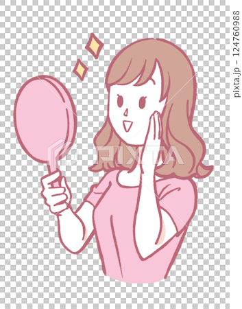 A woman smiling looking at a hand mirror A woman smiling looking at a hand mirror 124760988