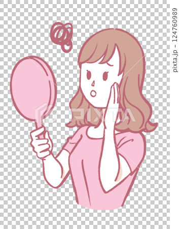 Illustration of a worried woman looking at a hand mirror Illustration of a worried woman looking at a hand mirror 124760989